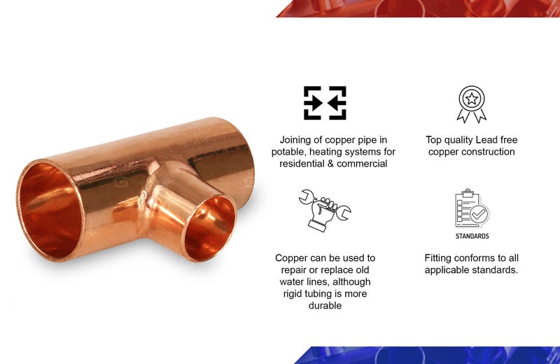 SUPPLYGIANT Supply Giant DDSU0344-5 Pack of 5 Reducing Tee Copper Fittings With Sweat Ends, 3/4 X 3/4 X 1/2 - Image 2